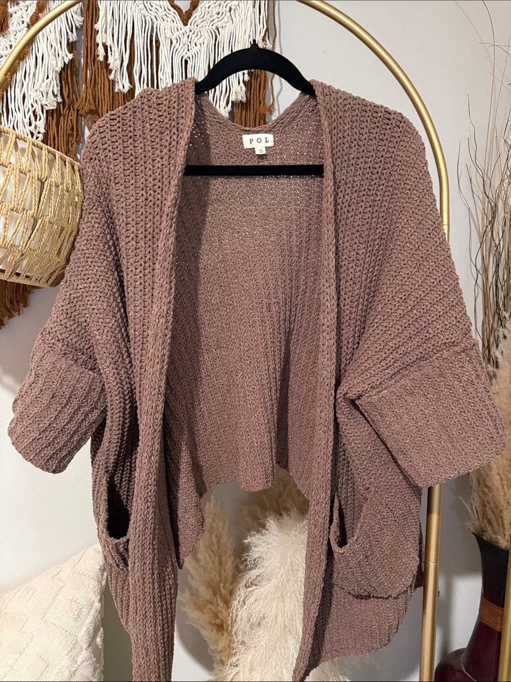 POL Open-Front Chunky Cardigan Sweater in Taupe